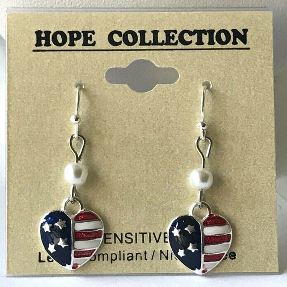 USA American Flag Heart Earrings Stars Pearls Patriotic July 4 Silver Plated - Picture 1 of 8